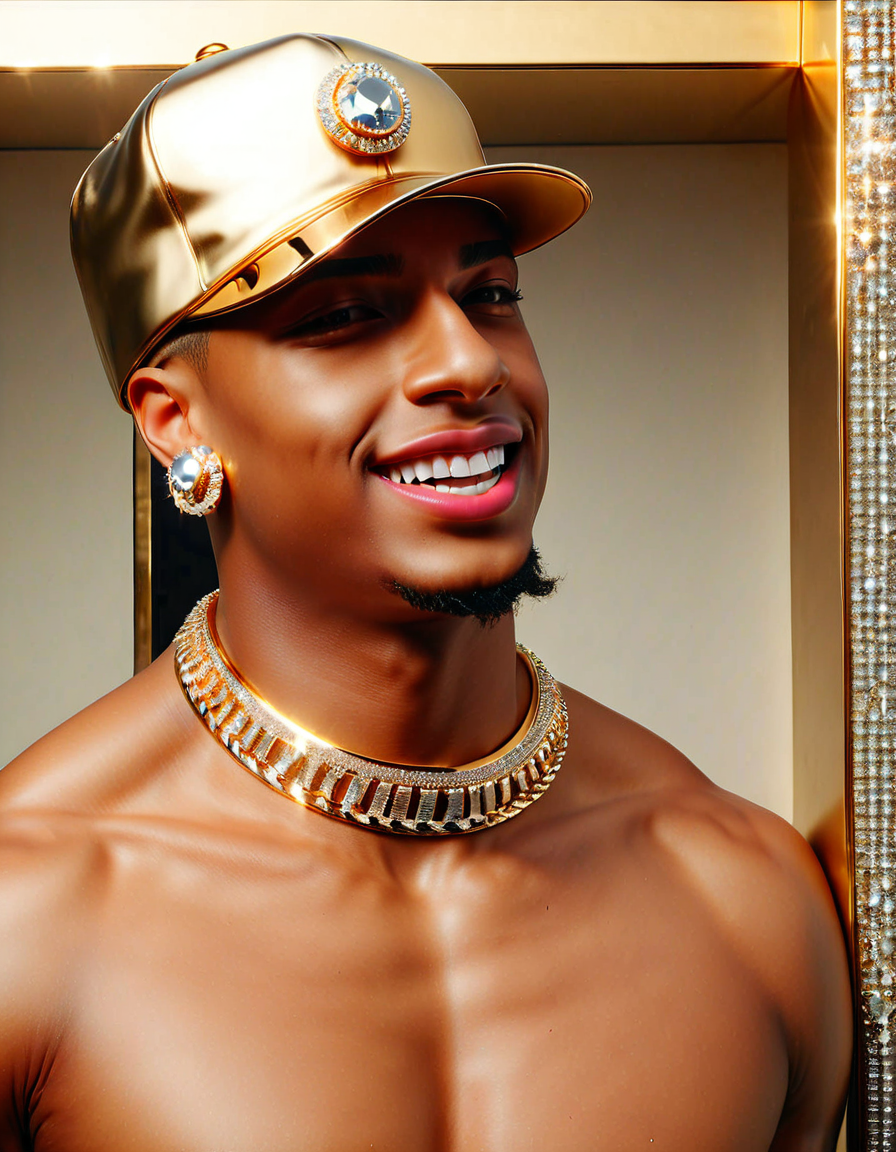 UHD, 8K, ultra detailed, highly realistic photo of solo, attractive toned dark-skinned African American man looking at viewer, smile, open mouth, black hair, 1boy, hat, jewelry, nipples, upper body, male focus, earrings, blingbling teeth teeth, chain necklace, muscular, facial hair, dark-skinned male, pectorals, muscular male, bara, baseball cap, beard, realistic, blingbling, (high resolution 8K photo quality:1.3)