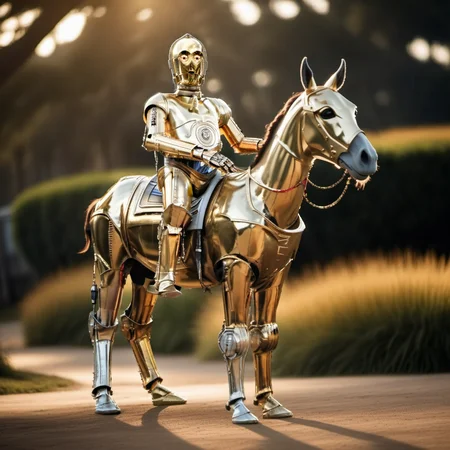 cinematic photo, C3PO1024, full body, a robot riding a donkey, highly detailed ,ultra sharp, photograph, film, bokeh, professional, 4k, highly detailed <lora:add-detail-xl:1.5>