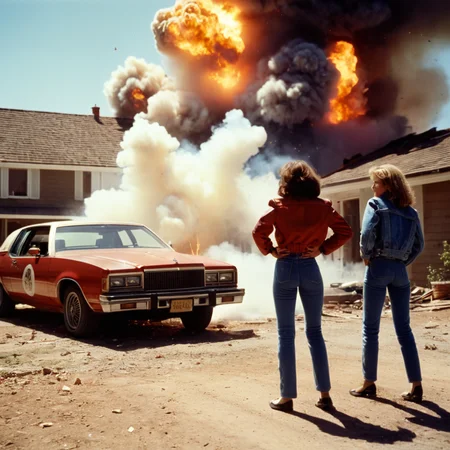 cinematic film still of <lora:add-detail-xl:1>
<lora:detailed:0.3>
<lora:perfection style:0.3>
<lora:xl_more_art-full_v1:0.3>
<lora:Lethal Weapon film style:0.9>
two women are leaning against a car in front of a house with big explosion in backgroun,1girl,jacket,multiple boys,striped,pants,ground vehicle,motor vehicle,realistic,car,photo background , cinematic, film, 1980's, kodak, action themed, Lethal Weapon film style, shallow depth of field, vignette, highly detailed, high budget, bokeh, cinemascope, moody, epic, gorgeous, film grain, grainy
