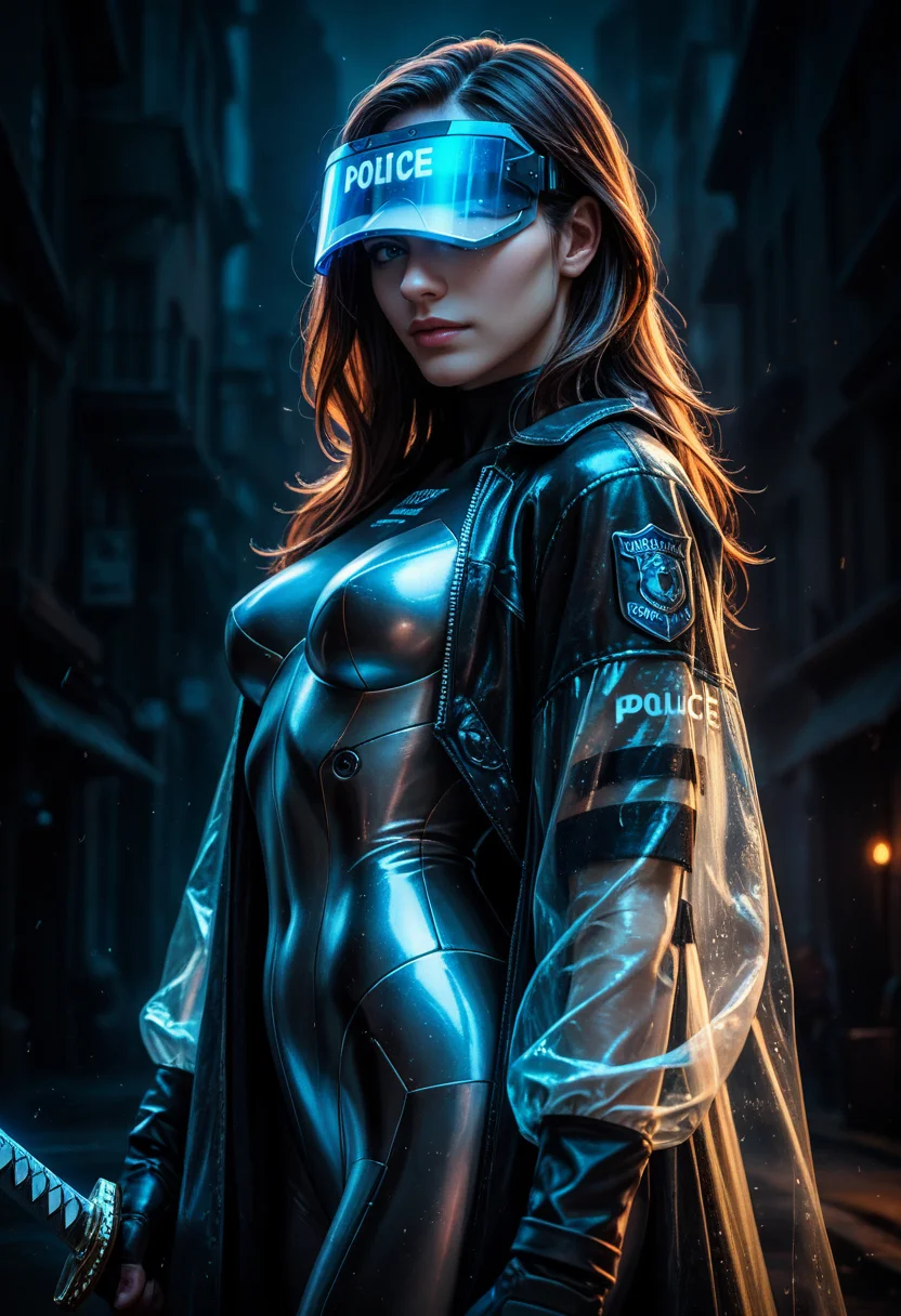 score_9, score_8_up, score_7_up, score_6_up, source_anime, masterpiece, newest, skinny
1girl, android, simple, background, gradient background, see-through coat, iridescent, visor, realistic, aesthetic, from side, blue theme, white background, text âPOLICEâ, night city background, depth of field, holding weapon, sword, sword, sword reflection, traditional style grip, off centre crop, realistic