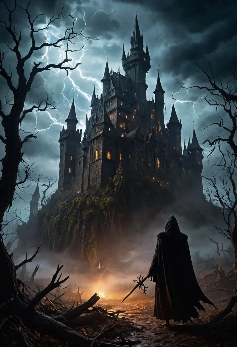 Capture the chilling essence of a grim and terrifying fantasy scene, where darkness reigns and danger lurks in every shadow. A towering, foreboding castle looms in the distance, its jagged spires reaching towards the stormy, tumultuous sky. Lightning flashes ominously, illuminating the twisted, gnarled trees that surround the castle, their branches clawing at the air like skeletal fingers. A thick fog hangs heavy in the air, obscuring the ground and adding to the sense of unease.
In the foreground, a lone figure stands, cloaked in tattered, black robes, their face hidden in the shadows. They clutch a wicked-looking staff, adorned with dark, pulsing runes that seem to writhe and twist with malevolent energy. The figure's eyes gleam with a sinister light, hinting at dark intentions and unfathomable power.
The ground is littered with bones and debris, remnants of past battles and dark rituals. Shadows dance and flicker across the scene, creating an atmosphere of dread and foreboding. The air is heavy with the scent of decay and magic, a potent and unsettling combination that sends shivers down the spine.
As the scene unfolds, a sense of impending doom hangs heavy in the air, promising a harrowing journey into the heart of darkness and the unknown.