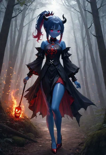 highres,best quality,ponytail,facing to the side, full body,short height,happy,(purple eyes),photograph,realistic lighting,cute face,1girl,red tips on hair,red skin, fantasy world,in the forest, warlock,demon horns,skull logo, DonMD3m0nXL,blue skin:1.4, yellow eyes, anime style,blue flame,flames around hands,fantasy adventure outfit,fighting stance,dragon tail:1.5,brown shorts,thick tail:1.3,snake tail:1.3