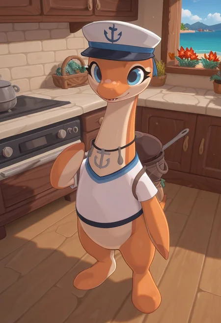 1girl, highres, absurdres, newest, masterpiece, best quality, furry, small tail, claws, coral, female, Plesiosaurus, reptile, orange skin, blue eyes, flippers, white t-shirt, sailor cap, saucepan behind the back detailed eyes, professional lighting, solo, seductive, looking_at_viewer, masterpiece, close up, explicit, day, kitchen, stirs the soup
