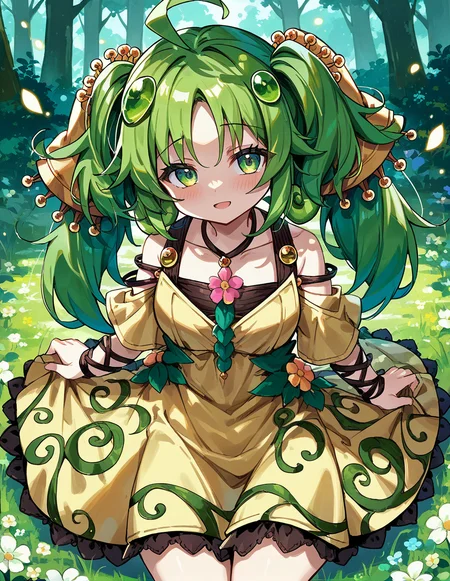 score_9,score_8_up,score_7_up,score_6_up,score_5_up,score_4_up,close-up,
1girl,solo,<lora:traptrixsera_pony:1>,traptrix sera,green hair,twintails,green eyes,dress,yellow dress,
ahoge,hair ornament,looking at viewer,forest,grass,blush,flower,