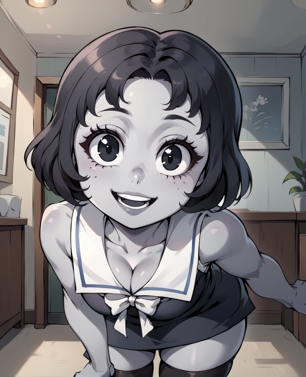 tootxl,grey skin,short hair,black eyes,
standing,looking at viewer,smile,leaning forward,open mouth,
black thigh highs,short black dress,white sailor collar,sleeveless,cleavage,white ribbon,
indoors,home,
<lora:Toot:1>,