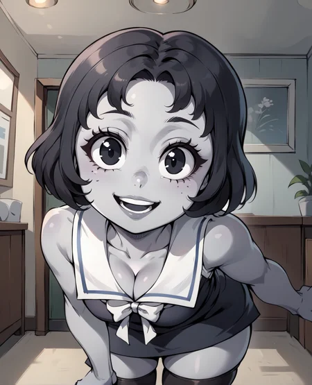 tootxl,grey skin,short hair,black eyes,
standing,looking at viewer,smile,leaning forward,open mouth,
black thigh highs,short black dress,white sailor collar,sleeveless,cleavage,white ribbon,
indoors,home,
<lora:Toot:1>,
