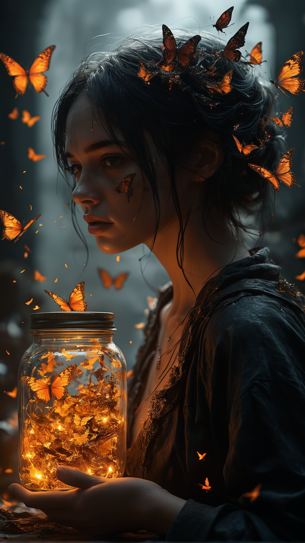 (((((glowing poisonous butterflies jar))))),the quantum panderverse is a decaying reality where forced inclusion is a poison that assumes everything should be made colorful like a circus, because they assume everything is like them and should be like them. Since impressionism and expressionism, the corrupted idea of freedom is a concept that creates war, becoming the true apocalypse of modernity. Only a few dare to fight the tricky dementors who feed from other emotions like astral specters; these faceshift and disguise themselves as warriors, elves, fairies, animals, demons, angels, etc, stay away from internet is toxic, they can't win without cheating <lora:add-detail-xl:1> <lora:MJ52:0.5>