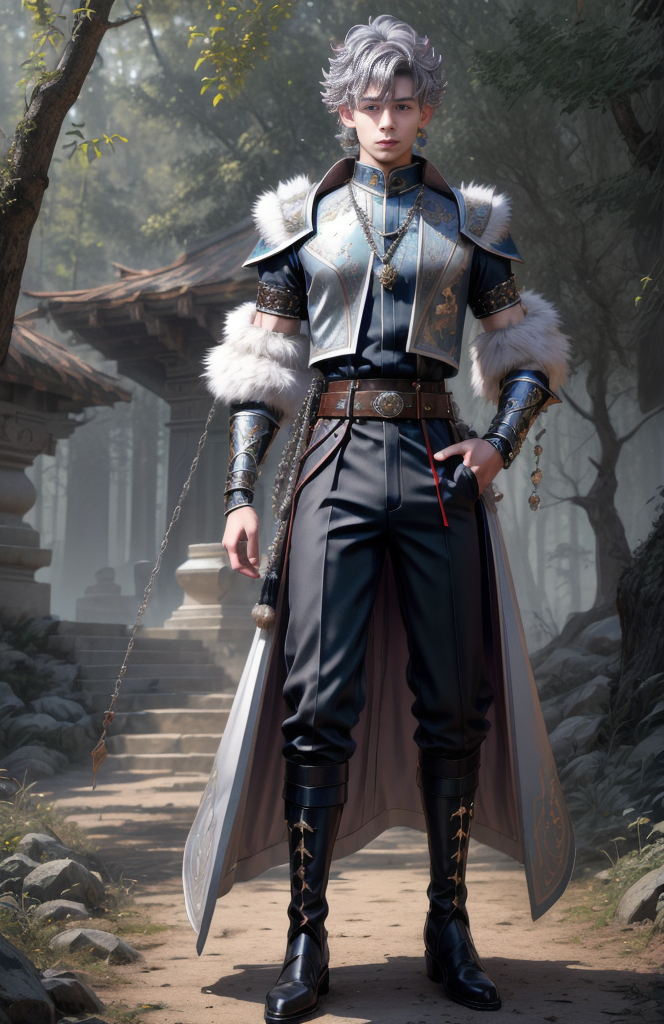 8k, wolf prince,   ((masterpiece)).((best quality:1.2)),  sharp focus, full body, head to toe, 1 young man, 22 years old, youthful appearance, male focus, dynamic pose,  silver colored hair, curly hair, EYESHD,  small testicle bulge, Nora outfit fur accents, Nora outfit bead necklaces, Nora outfit pants, Nora outfit hip quiver, Nora outfit leg guards, Nora outfit arm braces, Nora outfit belt with pouches, and Nora outfit fur boots,   defined body, thin waist, looking at camera, armor, he has a pet wolf,  detailed background a wooded clearing, a pet wolf standing nest to him,(absurdres) , <lora:more_details:0.5>, <lora:wrenchftmfshn>,<lora:add-detailxl:0.8>, <lora:Eyes_High_Definition-000007>, , <lora:lightup_brightness_v200:1>, <lora:Nora:1>