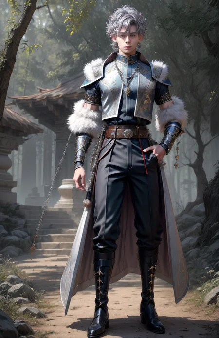 8k, wolf prince, ((masterpiece)).((best quality:1.2)), sharp focus, full body, head to toe, 1 young man, 22 years old, youthful appearance, male focus, dynamic pose, silver colored hair, curly hair, EYESHD, small testicle bulge, Nora outfit fur accents, Nora outfit bead necklaces, Nora outfit pants, Nora outfit hip quiver, Nora outfit leg guards, Nora outfit arm braces, Nora outfit belt with pouches, and Nora outfit fur boots, defined body, thin waist, looking at camera, armor, he has a pet wolf, detailed background a wooded clearing, a pet wolf standing nest to him,(absurdres) , <lora:more_details:0.5>, <lora:wrenchftmfshn>,<lora:add-detailxl:0.8>, <lora:Eyes_High_Definition-000007>, , <lora:lightup_brightness_v200:1>, <lora:Nora:1>