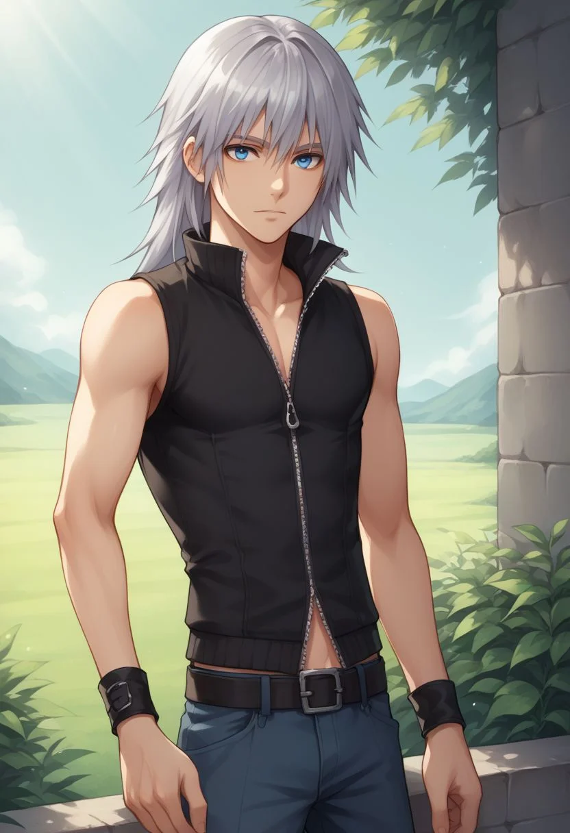 score_9, score_8_up, source_anime, highly detailed, 1boy, solo, male_focus slender, skinny,
riku, 1boy. male focus, solo, blue eyes, belt, wristband, pants,zipper, silver hair, sleeveless,long hair, upper body,
outdoor,