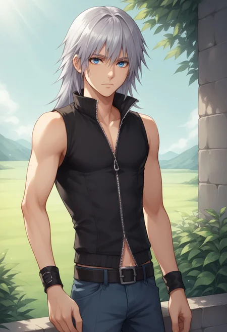 score_9, score_8_up, source_anime, highly detailed, 1boy, solo, male_focus slender, skinny, 
riku, 1boy. male focus, solo, blue eyes, belt, wristband, pants,zipper, silver hair, sleeveless,long hair, upper body,
outdoor,