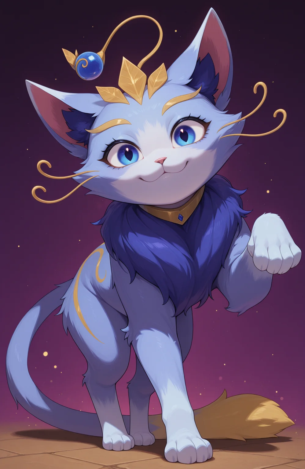 <lora:Yuumi_League_of_Legends_-_Illustrious:1> yuumi-default, antennae orb, female cat, feral female, solo, looking at viewer, happy, paw pose, :3, highres, high quality, masterpiece, best quality, very aesthetic, absurdres, newest, perfect quality, absolutely eye-catching