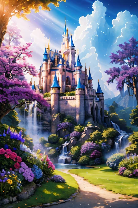 (Realistic:1.5) EdobFairyTaleLandscape, blue sky, 1boy, church, sunbeam, castle, mountain, purple flower, no humans, waterfall, light rays, <lora:EdobFairyTaleLandscape_v1.0:0.8>