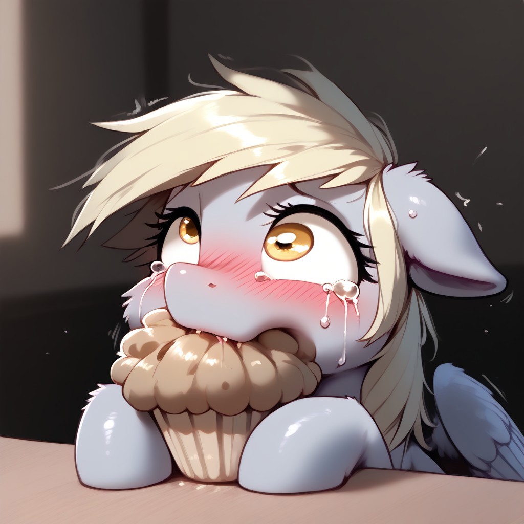 rating_explicit, score_9, score_8_up, score_7_up, pony, feral, Derpy Hooves, cross-eyed, uneven eyes , embarrassed expression, biting her lower lip, eating muffin, trying to hold it in, muffin on the table, blush, rolling eyes, tears, indoors, detailed, realistic, BREAK, full body