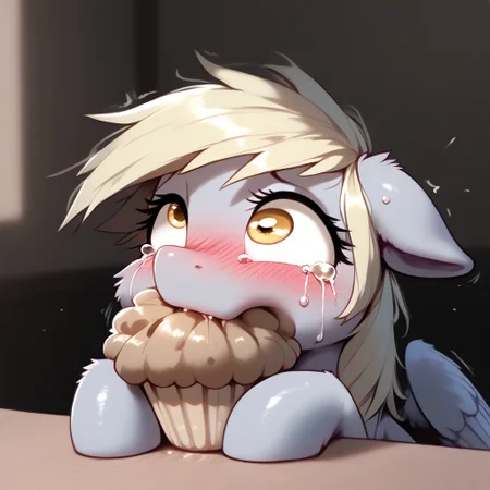 rating_explicit, score_9, score_8_up, score_7_up, pony, feral, Derpy Hooves, cross-eyed, uneven eyes , embarrassed expression, biting her lower lip, eating muffin, trying to hold it in, muffin on the table, blush, rolling eyes, tears, indoors, detailed, realistic, BREAK, full body