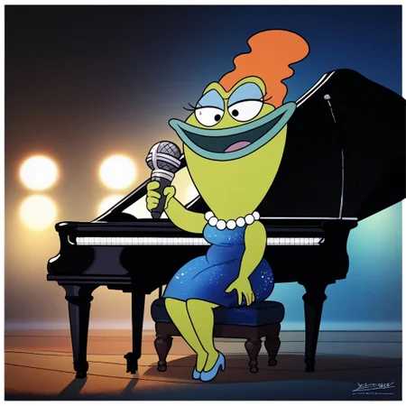 score_9, score_8_up, score_7_up BREAK BevBig, 1girl, orange hair, green skin, black eyes, blue lips, pearl necklace, little black satin cleavaged dress, full body, garterbelt, sitting on piano, night lounge bar indoors, night lounge bar background, holding microphone, singing, on top of stage sitting on piano, on top of stage,