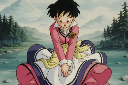 source_anime, score_9, score_8_up, score_7_up, anime screencap,
videldbz, movie, 1girl, pendant, covering crotch, movie dress, solo, blush, short hair, open mouth, black hair, long sleeves, dress, raised eyebrows, outdoors, necklace, multicolored dress, pink dress, embarrassed, striped shirt, collar up, sweatdrop, black eyes, tree, looking down, wind, nature, forest, mountain, retro artstyle, wind lift, lake, collarbone, cowboy shot, fingernails, long dress, spiked hair, wrapped
<lora:Videl_pony_v1:0.8>