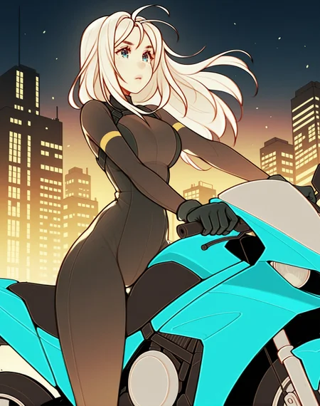 <lora:_oxcoxa_NAIXL-000015:1.1> art by oxcoxa, artist:oxcoxa, score_9, score_8_up, score_7_up, best quality, masterpiece, uncensored, Two girls are standing in front of a futuristic city with one of them riding on a motorcycle. The girl on the motorcycle is wearing a black bodysuit and has short white hair. She is looking at the other girl who is standing next to her with long blonde hair and blue eyes. The scene takes place at night time with the moon visible in the sky above the buildings.