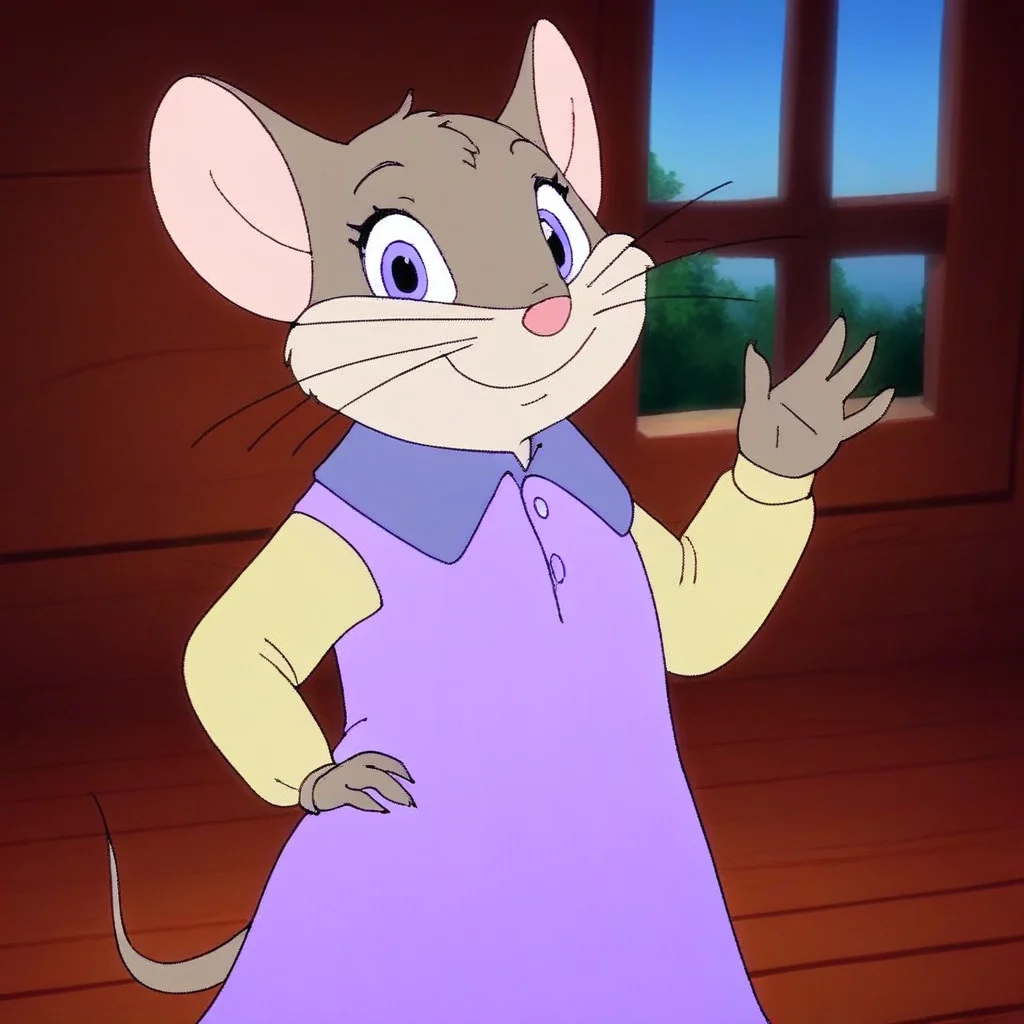 source_cartoon, 1girl, solo, mavisfielding, mouse, semi-anthro, grey fur, light purple eyes, purple collared dress, pale yellow long-sleeves, looking at viewer, smile, closed mouth, waving hand, hand on hip, wooden window, blue sky indoors