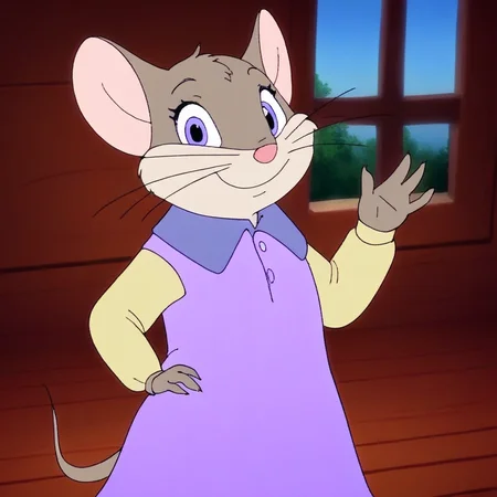 source_cartoon, 1girl, solo, mavisfielding, mouse, semi-anthro, grey fur, light purple eyes, purple collared dress, pale yellow long-sleeves, looking at viewer, smile, closed mouth, waving hand, hand on hip, wooden window, blue sky indoors