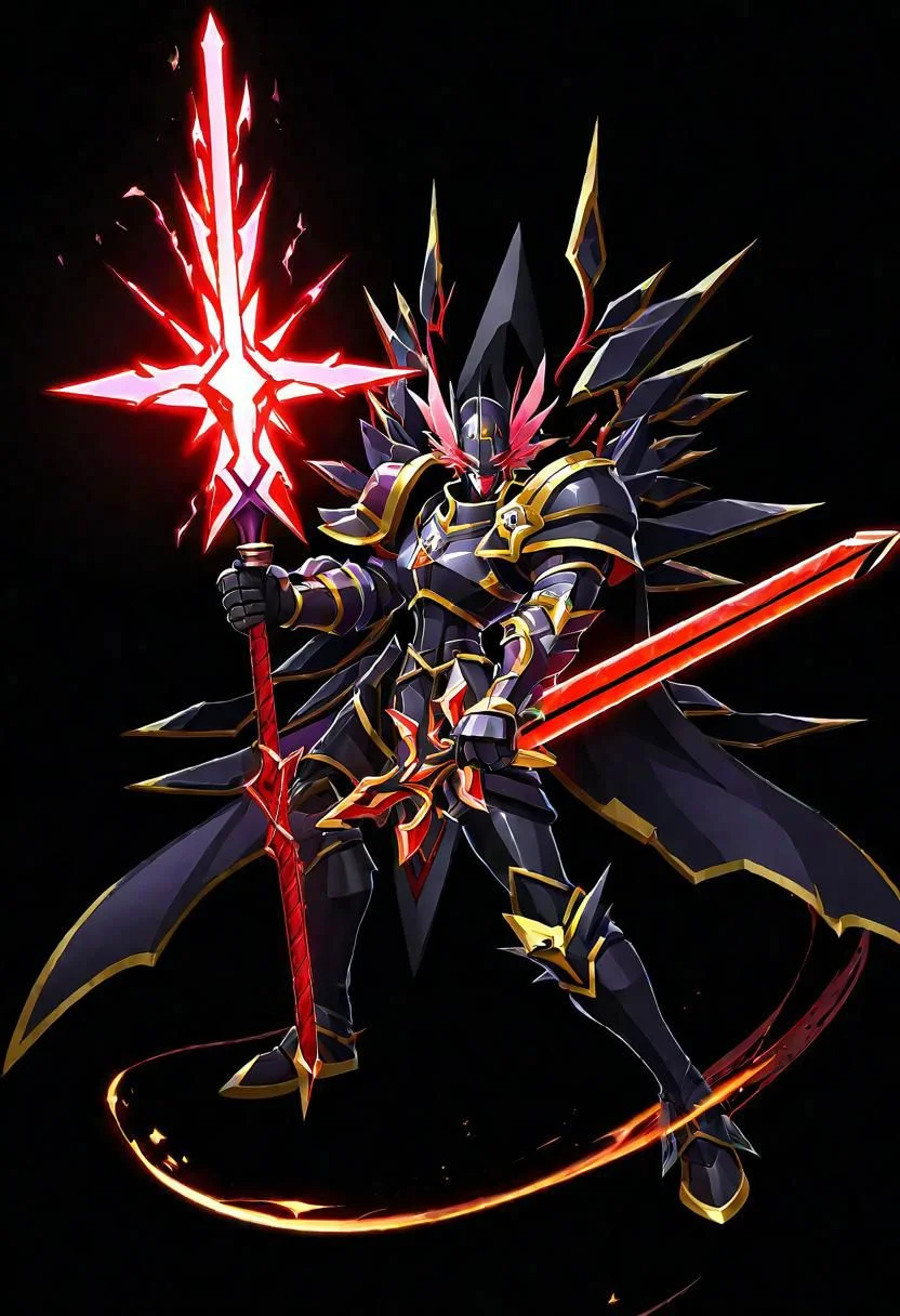 ncrender of astolfo from fate as a demonic knight with a glowing red sword,simple background,black background