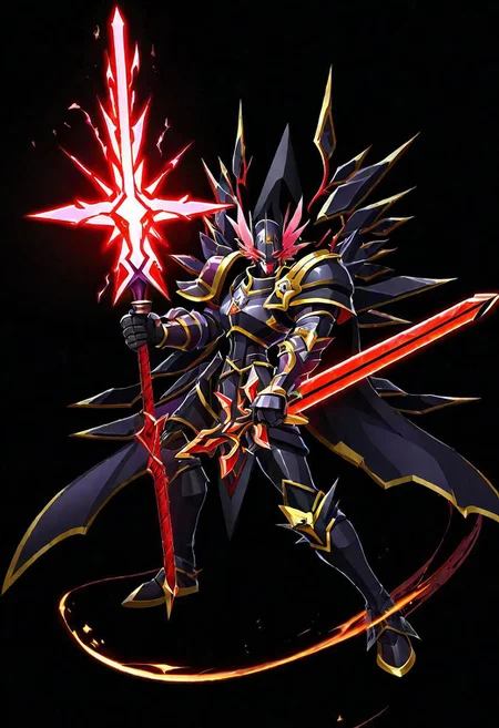 ncrender of astolfo from fate as a demonic knight with a glowing red sword,simple background,black background