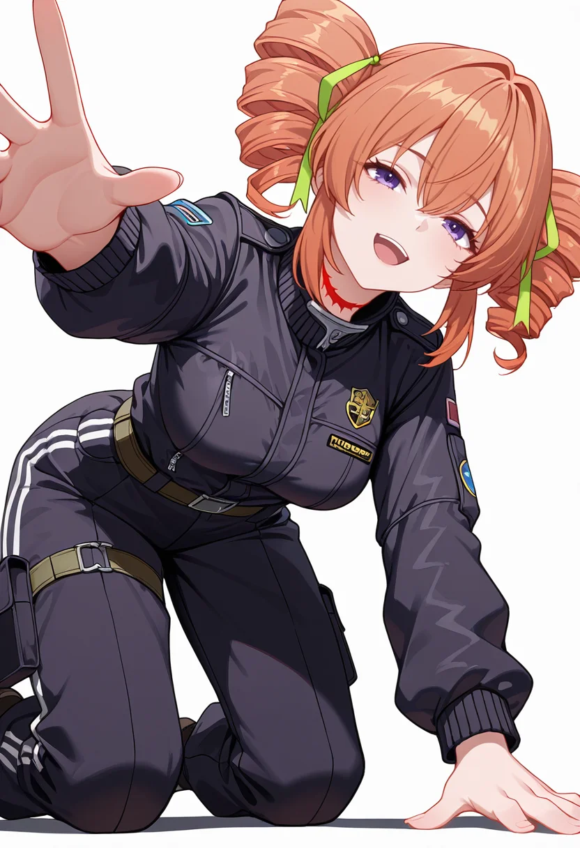 Smooth Quality,masterpiece,very intricate, high quality details, ultra realistic, high detailed skin,detailed enviorement,absurdres,
slit throat,
 <lora:Gertrude_Rainsworth_CNR_r2:0.8> gertrude_cnr, 1girl, orange hair, twin drills, purple eyes, hair between eyes, medium breasts,hair ribbon,, simple background, white background, from below,
kneeling, one hand on ground, reaching forward, focused, tense,  ,, ^o^,, flight jacket,  ,anorak,  ,pleated pants,  ,