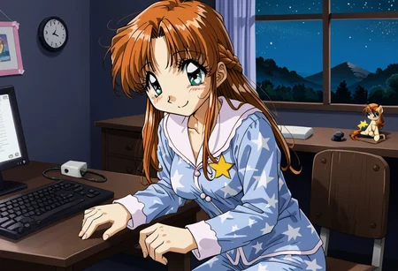 detailed background, shiny skin, rating safe, <lora:komirin.pony:1.0>, komirin, seina, female focus, smile, medium breasts, blue pajamas, star print, sitting, on chair, computer, desk, typing keyboard, bedroom, window, dark room