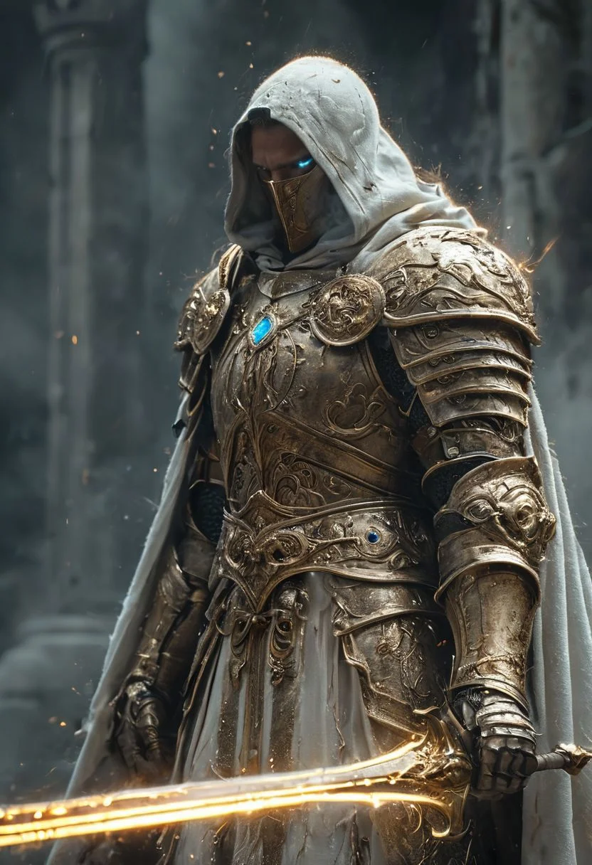 A stunning, highly detailed dark fantasy full body illustration of a proud angelical warrior wearing intricate medieval white HKStyle armor and a grim warrior face, holding a great golden glowing sword, golden and blue glooming eyes, very wide shoulders, wearing big gauntlets, epic composition. The warrior stands heroic with a flowing cloak and white hood during a storm with foggy gloom, thunderclouds in the background. The scene depicts him with brooding emotional agony. style by Greg Rutkowski, by Milo Manara and Russ Mills, with insanely intricate details and textures, gloomy dramatic lighting, 8K resolution