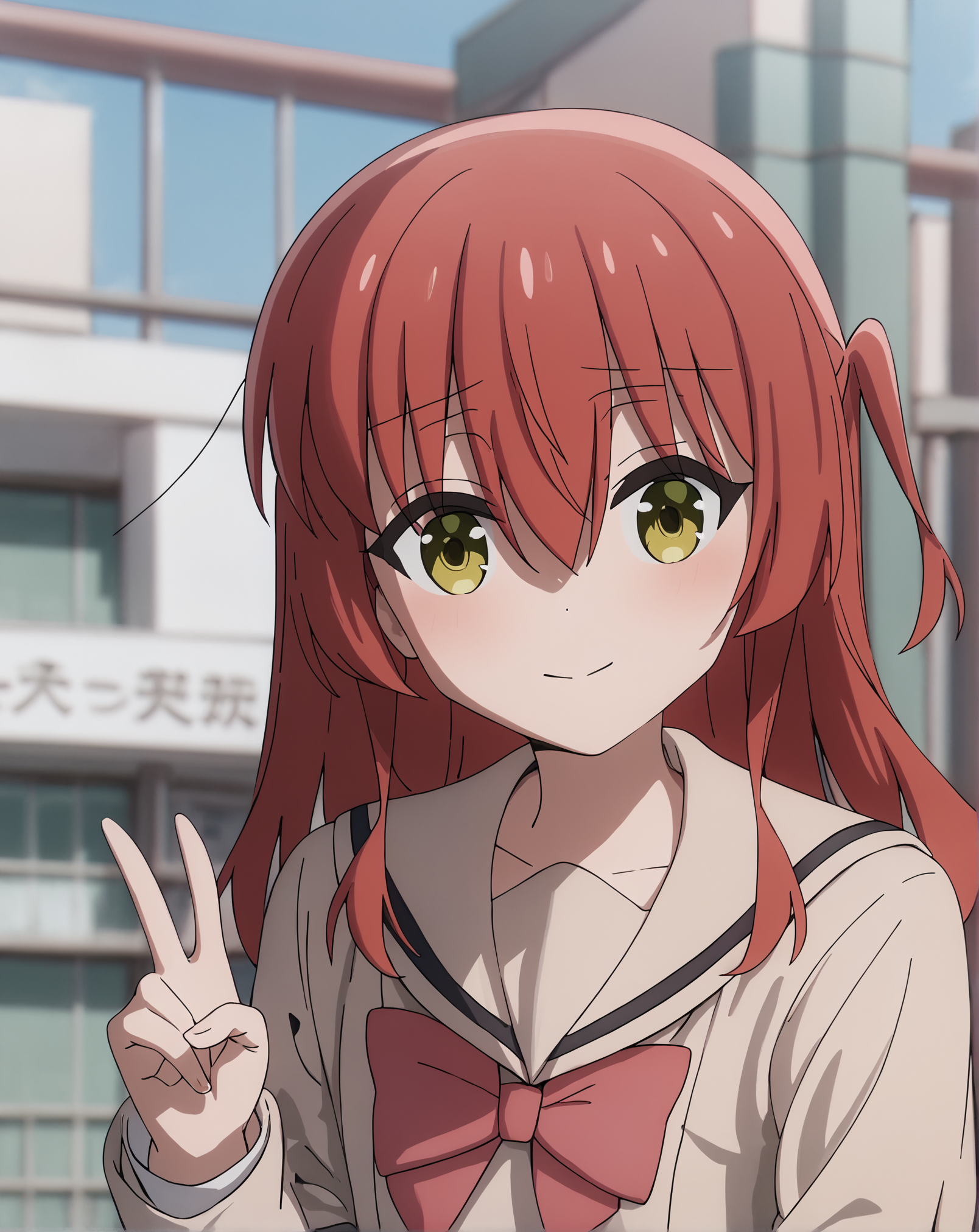 score_9, score_8_up, score_7_up, highres, hi res, best quality, masterpiece, 2d, intricate details, 4k, anime coloring, shadow, uncensored,
1girl, solo, female, long hair, hair between eyes, red hair, one side up, green eyes, yellow eyes,
school uniform, serafuku, sailor collar, pleated skirt, necktie, red necktie, sailor fuku, serafuku, shirt, long sleeves, 
upper body, looking at another, cowboy shot, peace sign, v, v sign,
outdoors, city, japanese city, depth of field, <lora:Ikuyo_Kita_1024_Pony:1>, kita ikuyo, bocchi the rock!,
