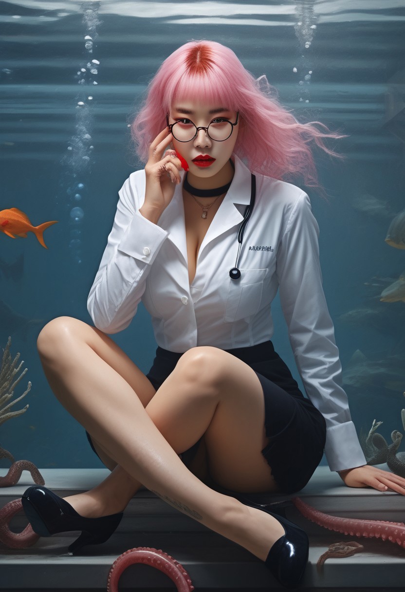 score_9, score_8_up, score_8_up, 
1girl, Asian, highres, detailed, 
1girl,  garter strap, thigh highs, black heels, thick thighs, bottom heavy, white shirt, cleavage, black bra visible,  skindentation, pencil skirt, thigh tattoos, pink hair fading to white, round glasses, thick eyebrows, red thick lips, innocent expression, blushing, in submarine, computer, large window, sitting, lab coat, tentacles, reading, underwater, legs apart, buxom, mermaid in water, Business_Outfit