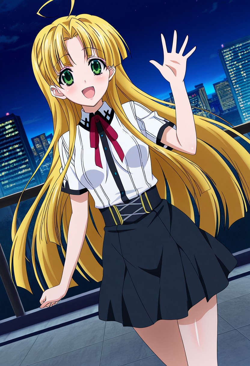general,highres, ultra-detailed,very aesthetic,best quality ,best hands,best eyes,easynegative,
dynamic anglre, dutch angle, anime cloring,anime screencap,
1girl solo,looking at viewer,city,night,smile,open mouth,smile,waving hand,
Asia Argento,yellow hair,very long hair,ahoge,light green eyes,small breasts,shirt,skirt,