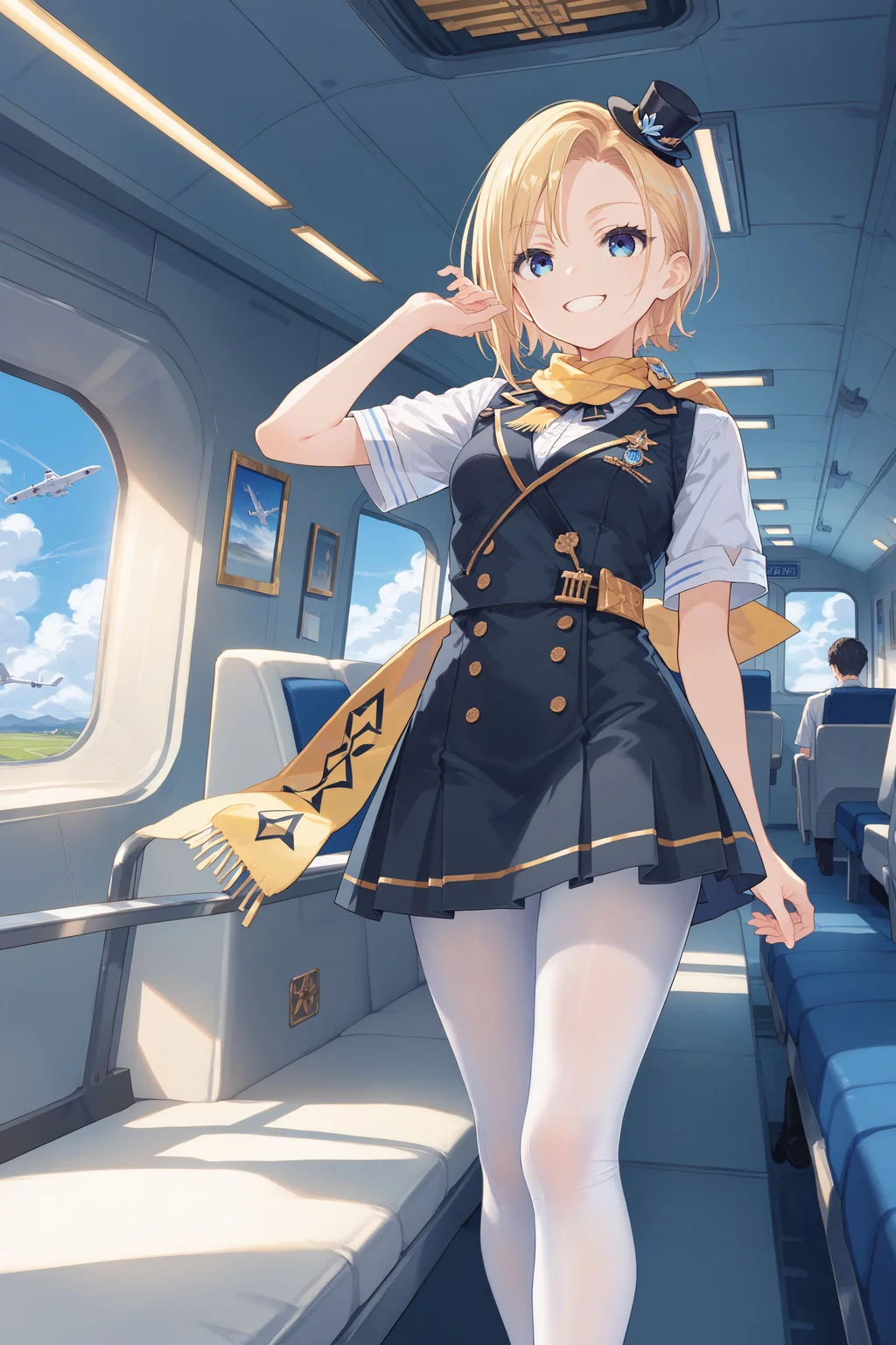 score_max, (score_9, score_8_up, score_7_up:1.2), score_6_up, official art,
masterpiece, absurdres, high detail,
indoors, airplane, passage, seat, wagon,
standing, hand up, smile,
eriza, flight attendant, mini hat, yellow scarf, white shirt, short sleeves, pencil skirt, black skirt, white pantyhose,
<lora:XL_Pony_MGCM-eriza-t1:1>