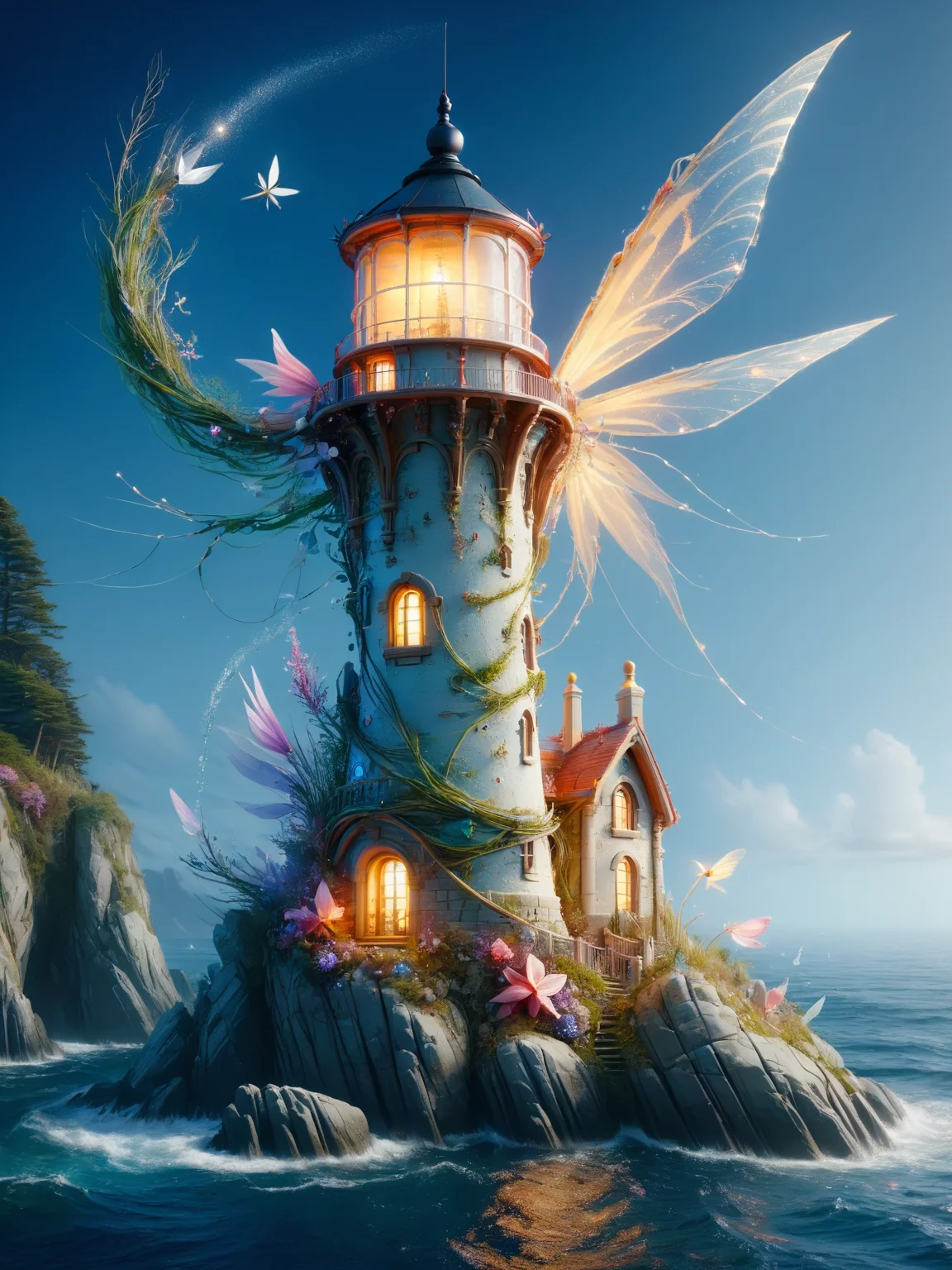 <lora:Fairy_Style_SDXL:1> ais-fairy, a lighthouse on rocks jutting out of the enchanted waters of the ocean