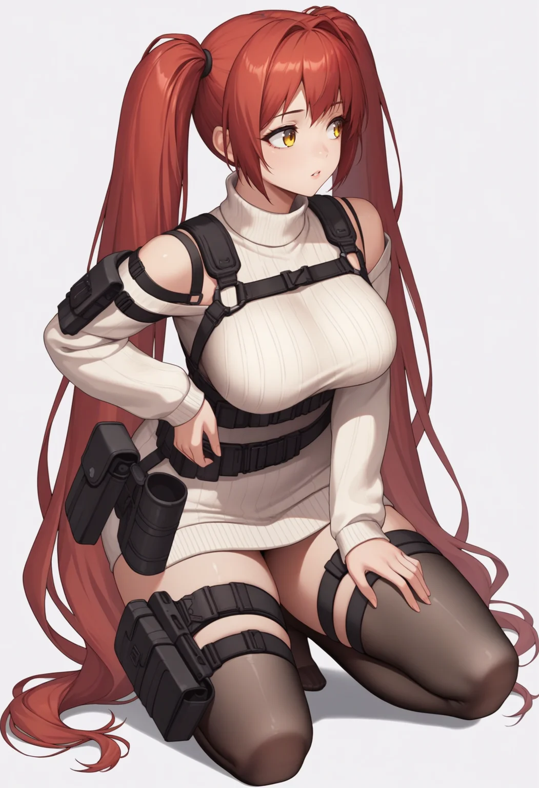 score_9, score_8_up, score_7_up, source_anime BREAK 1girl, solo, simple background, white background,
<lora:nikke-style-poses-richy-v1_pdxl:1> nikkecrouching, full body, kneeling, parted lips, looking to the side, red hair, twintails, very long hair, yellow eyes, large breasts, turtleneck sweater, white sweater, sweater dress, black, thighhighs, tactical clothes, thigh strap, thigh holster, shoulder holster, shoulder strap, chest strap, harness
