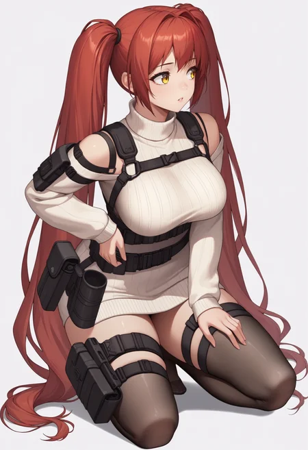 score_9, score_8_up, score_7_up, source_anime BREAK 1girl, solo, simple background, white background,
<lora:nikke-style-poses-richy-v1_pdxl:1> nikkecrouching, full body, kneeling, parted lips, looking to the side, red hair, twintails, very long hair, yellow eyes, large breasts, turtleneck sweater, white sweater, sweater dress, black, thighhighs, tactical clothes, thigh strap, thigh holster, shoulder holster, shoulder strap, chest strap, harness