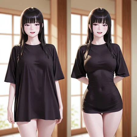 (fine fabric emphasis:1.2), (((masterpiece, amazing quality, best quality, ultra-detailed, 8K, illustration, amazing quality, newest, absurdres, realistic))), highres, very aesthetic, absurd res, hi res, very awa, dynamic angle, refined, volumetric lighting, cinematic lighting, blurry background, close up vivid colors, ((source_realistic:1.6)), hyper detailed,
BREAK
cute face, 1girl, gothic, bangs, pale skin, hime cut, pajamasChallenge, multiple views, shirt overhang, tight shirt, taut shirt, naked shirt, looking at viewer, open mouth, smile, arms behind back, upper teeth only, cowboy shot, no pants, shy, looking away