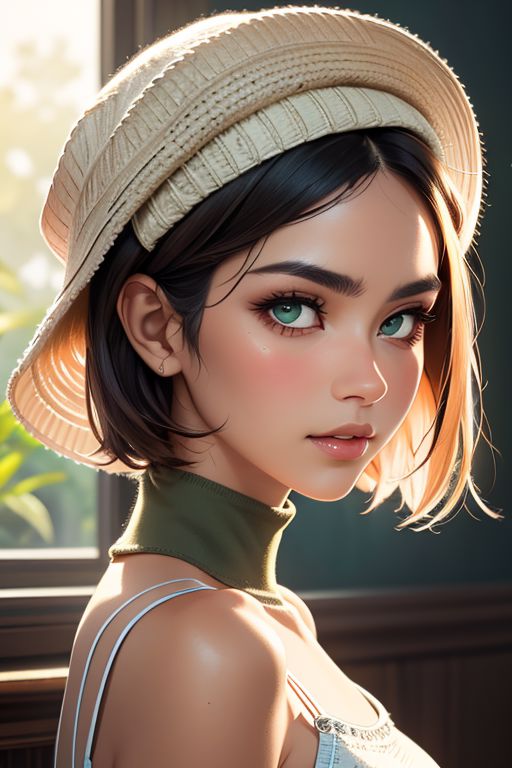 (masterpiece, best quality), female midlife, wholesome, southeast asian, dark green eyes,  nostril flared nose,   chiseled cheeks, broad forehead, diamond face shape,   , mahogany shag haircut hair, gratitude wearing g-string, camisole, sneakers, bonnet,, wearing a hat, wearing a hat with a seductive look, adding a touch of mystery and allure, soft lighting, gentle, diffused light that wraps the characters in a warm and dreamy glow