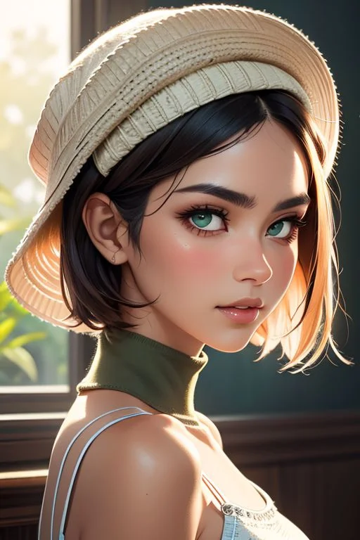 (masterpiece, best quality), female midlife, wholesome, southeast asian, dark green eyes, nostril flared nose, chiseled cheeks, broad forehead, diamond face shape, , mahogany shag haircut hair, gratitude wearing g-string, camisole, sneakers, bonnet,, wearing a hat, wearing a hat with a seductive look, adding a touch of mystery and allure, soft lighting, gentle, diffused light that wraps the characters in a warm and dreamy glow