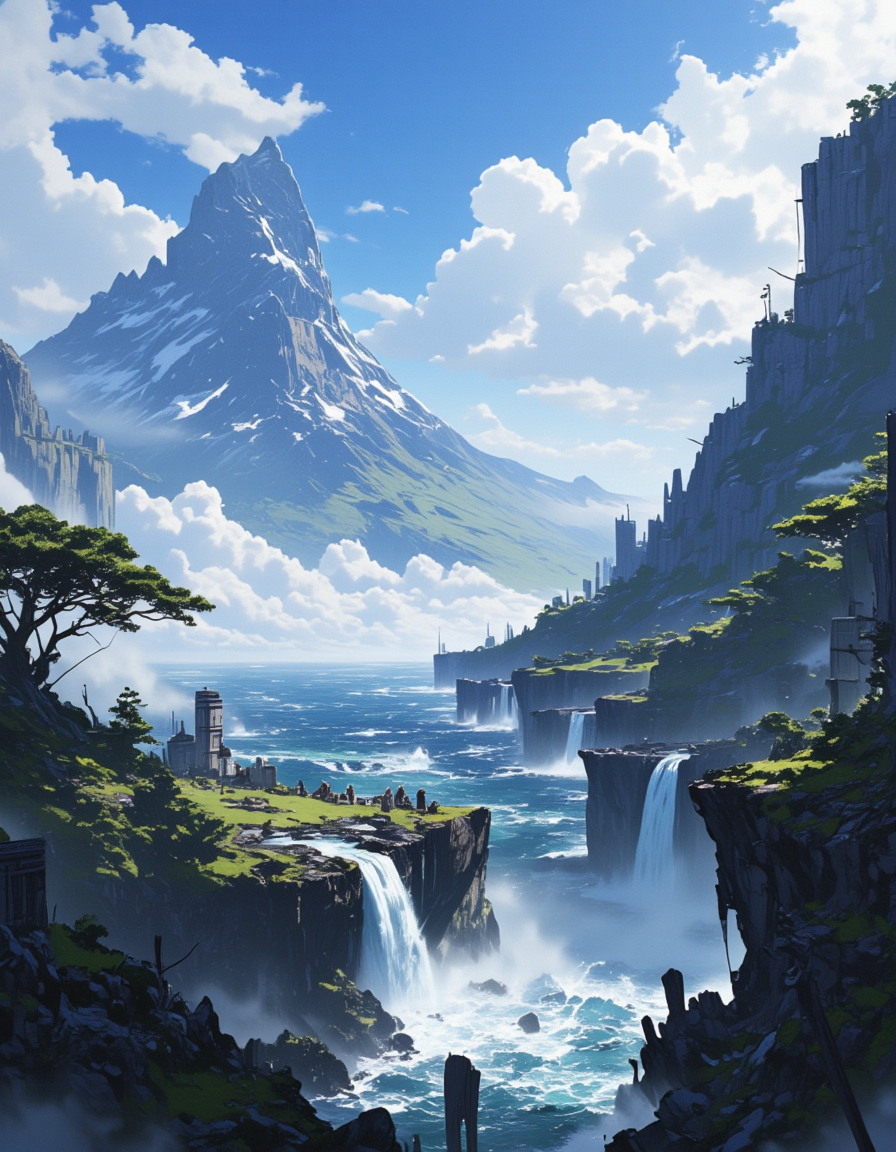 <lora:SW01v2-1flux:1> sw01p, EFFD02, imagination, epic world, SE12, rich detailed sky, clouds, T10, landscape, mountains, waves, rocks, tree, vegetation, moss, rough sea, waterfall,