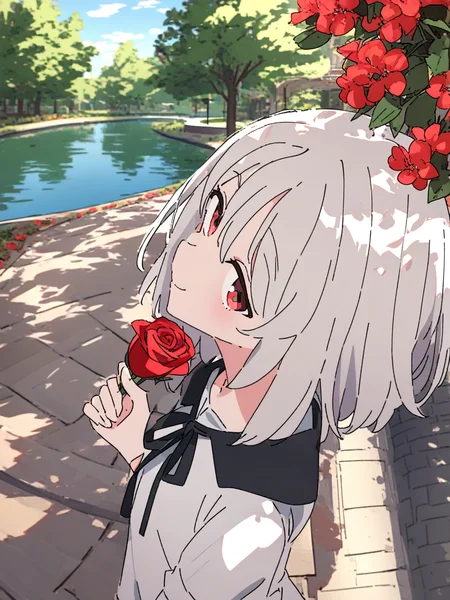 1girl,solo,medium hair,upper body,white shirt,neck ribbon,solo,red eyes,white hair,flat chest,
standing,smile,holding rose,hand up,looking at viewer,
park,flower,path,river,red flower,
from side,from above,
<lora:ag31-ixy_1-000032:1>,