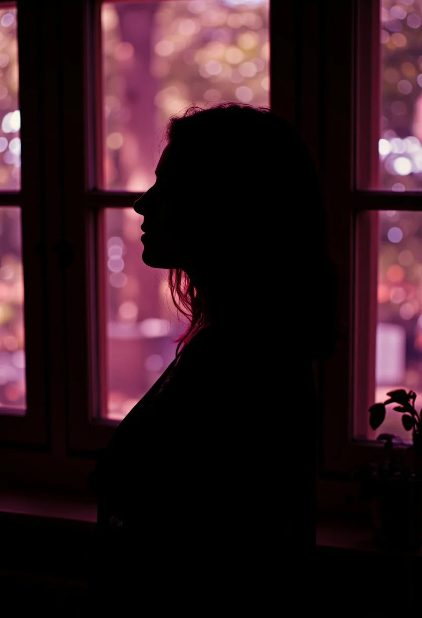 Leaning Forward, Side View Profil, perky tits, Sideview of a Busty Woman in See through lace blouse, boobs Silhouette, the breasts outlines are visible through the fabric,, , limited dark palette, vibrant colors, faded, atmospheric haze, highly dramatic cinematic lighting, motion blur, film grain,  professional, excellent composition, finest details, maximized details, ultimate detail level, masterpiece, best quality, ISO 300, 1/250s, F/2,8, 38 mm, extremely high quality RAW photograph, 4k, sharp focus, high resolution, 8k UHD, DSLR, high quality, film grain, Fujifilm XT3