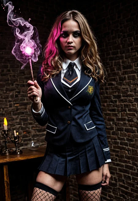 Hermione granger 21 years old , thick black eyelashes, black eyeliner, dark eyeshadow, neon hair, brown hair, Hogwarts school uniform, cleavage, short skirt, thighs, fishnets, bedroom eyes, glowing hair, glowing eyes, holding a wand, Hogwarts background, smoke, fog , <lora:Expressive_H:0.8> expressiveh   <lora:g0th1cXL:0.7> g0thicPXL, glowing, neon , (((small breats))),