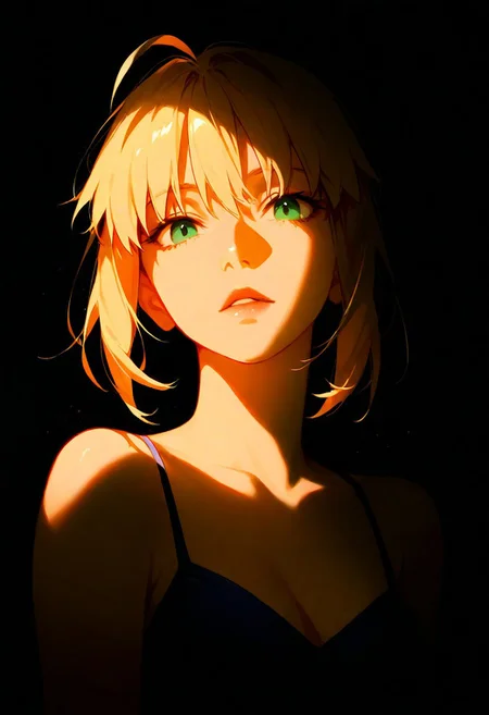 1girl,Saber (Fate/Stay Night), lips, thin lips, parted lips, solo, looking at viewer, camisole, upper body, dark, underlightling, masterpiece, best quality, very aesthetic