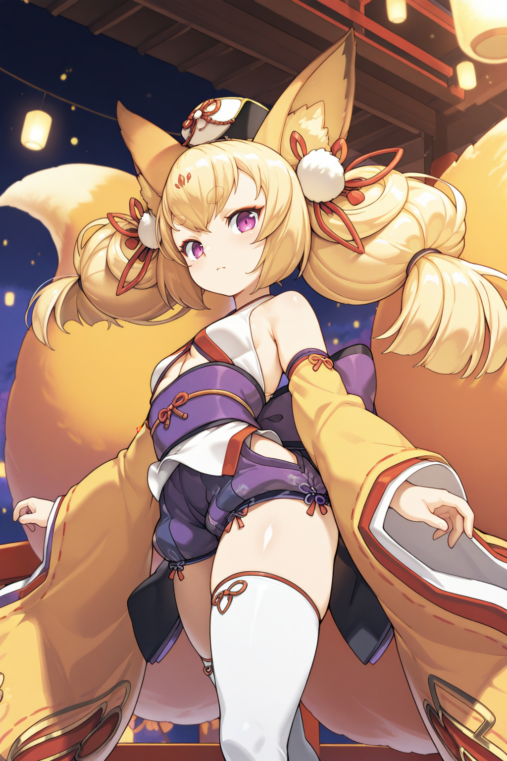 masterpiece, best quality, amazing quality <lora:izuna_ayrb_1.4:1> 
izuna_ayrb,fox girl, twintails,gold hair, hair ribbon, hair ornament,purple eyes, thick eyebrows, short eyebrows, round eyebrows, fluffy tail, animal ears, fox ears,
kimono,underboob,long sleeves,detached sleeves, wide sleeves, bare shoulders,red ribbon,thigh highs, small breasts,
standing on a red bridge over a misty lake, sakura trees in bloom, moonlight filtering through clouds, glowing fireflies, flowing hair and tail in the breeze, dramatic lighting, cinematic atmosphere, dynamic angle, high fantasy