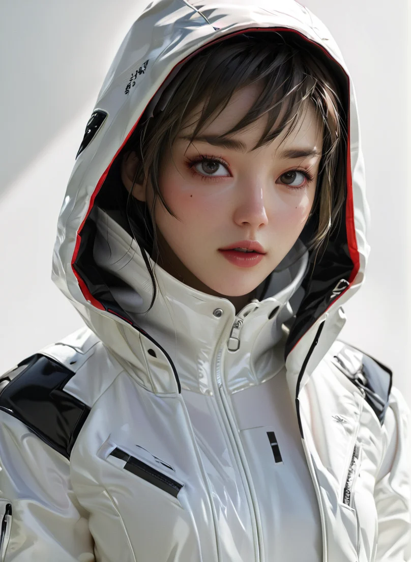 masterpiece,high resolution,shadow detail,natural light,
<lora:TechWearXL:0.8>,
techwear,
1girl, solo,,looking at viewer, parted lips, hood up, upper body,white jacket