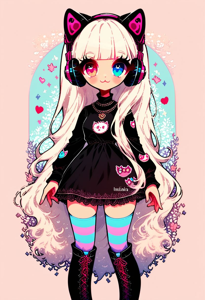 score_9, score_8_up, score_8, medium breasts, (curvy), cute, eyelashes, 
pastel, 
1girl, solo, long hair, looking at viewer, smile, blue eyes, thighhighs, long sleeves, dress, animal ears, very long hair, standing, full body, white hair, heart, boots, striped, blunt bangs, pink eyes, black footwear, black dress, zettai ryouiki, fake animal ears, headphones, heterochromia, striped thighhighs, animal ear headphones, cat ear headphones, striped sleeves,
zPDXL