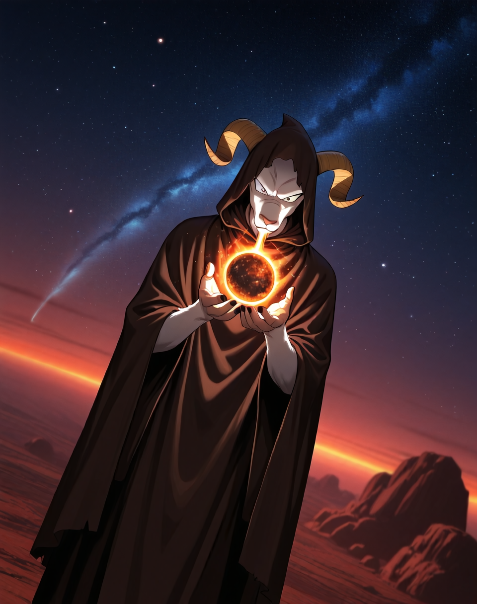<lora:Moro_Hooded_Form_(Dragonball_Z)_(Illustrious)_(AD):1.35> Moro, hooded cloak, goat, 
dutch angle, exterior, outer space, asteroid field, 
male focus, gradient coloring, solo, cowboy shot, soft shading, old, aged up, dark picture, tattered brown cloak, consuming energy, in the style of the anime Dragonball Z and Dragonball Super, 
BREAK very awe, aesthetically pleasing, masterpiece, best quality, amazing quality, very aesthetic, perfect depth of field shot, in'ei, furry_art, source_furry, source_anime,
EZRealPONYXL, zPDXL, Smooth Quality, lazympos, IllustQualXL_Pos,
