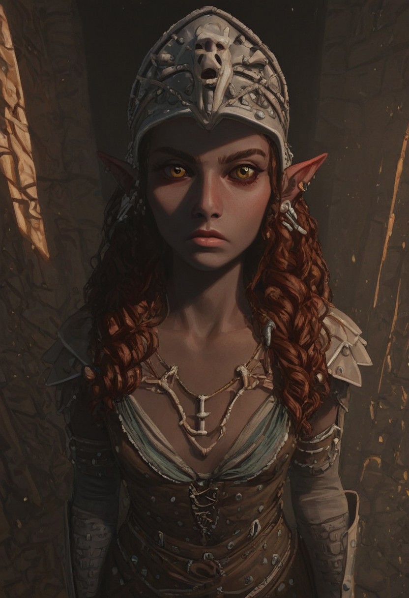 solo, short pointy ears, piercings, random elf face, aquiline features, female dark elf, weathered skin, large nose, insect chitin armor, insect chitin helmet, insect chitin ornaments, stylized insect pattern, athletic build,  animated realism, zoomed out, Syrian features, torso, brass pipes and gears, intricate architecture, dwarven masonry, dwemer fixtures, white-green light, gloomy lighting, ancient ruins, interior, stone tiled floor, grey-blue skin, mahogany and ivory clothes, medium armor, bone plate armor, ivory straps and fittings, alien bone ornaments, grey wood neckguard, deep red sclera, black pupils, blue-green light, neon, highly detailed, defined features, looking at viewer, three quarters view, from above, dynamic lighting, 36 years old, light and shadows, patterned cloth, annoyed expression, expressive eyes, detailed medieval clothes, medium_breasts, very long hair, wavy hair, thick hair, beaded hair, braided hair, under cut hair, semirealistic, alien elf, spanish features, jewish features, dark red hair, umber skin, sharp features, pastel green inuit print cloak, nighttime, high detail, absurdres, pretty eyes, detailed eyes, yellow eyes,