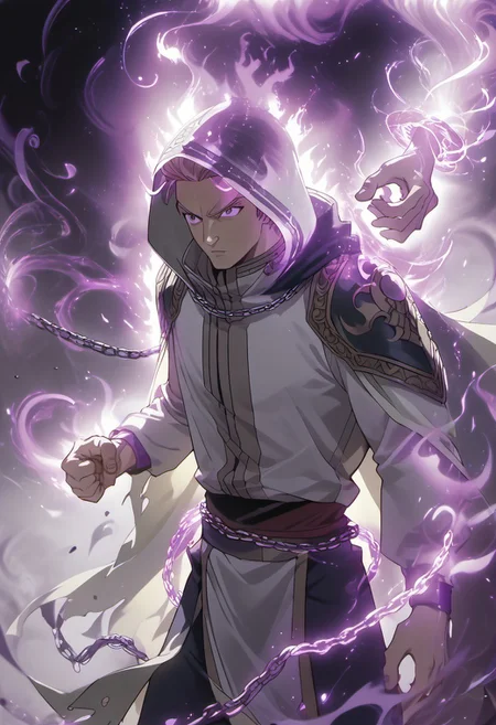 score_9, score_8_up, score_7_up, source_anime, rating_safe, purple magic, chains, Pretail, 1boy, male focus, [[[anime screencap]]], white aura, wizard cloak, waist cloth, hood down, fighting stance, auralora, dark aura, hands with five fingers, glowing, Expressiveh